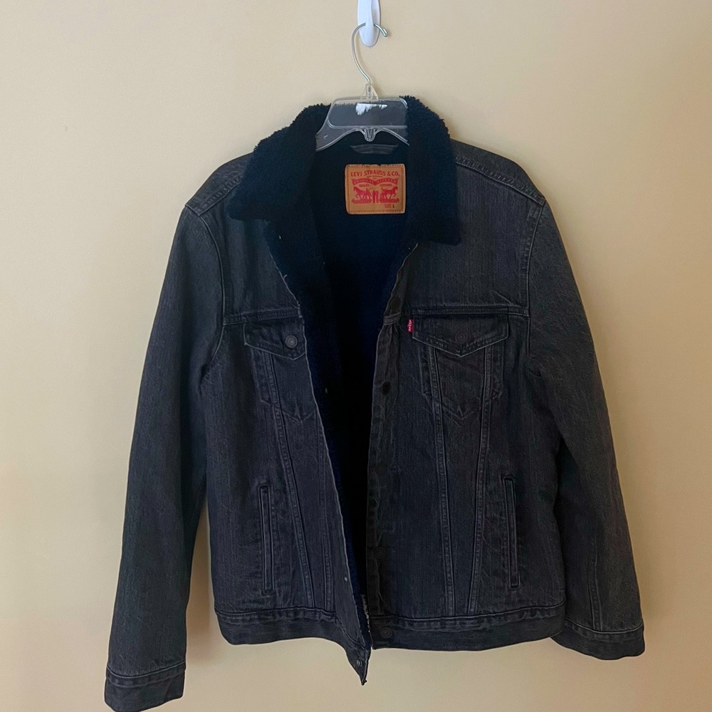 Levi's Sherpa Trucker Jacket light black denim coat blue fur lined Large